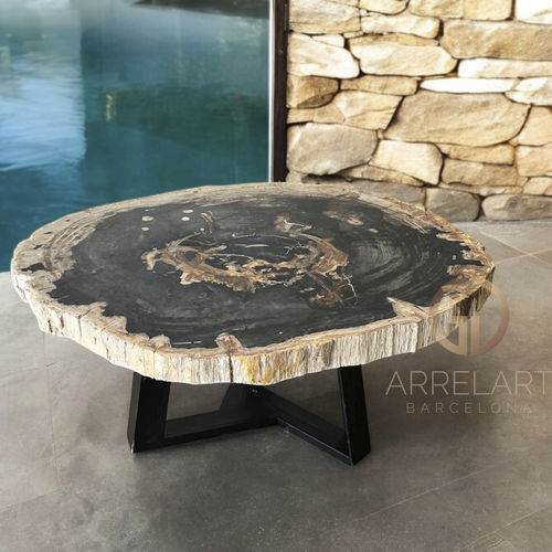 Moderner Couchtisch - KAROL - ARRELART - versteinertes Holz / Gestell aus Metall / oval