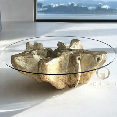 Moderner Couchtisch - INDRA - ARRELART - Glas / Gestell aus Teakholz / rund