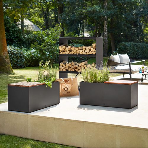 Moderne Gartenbank - HG-BB - OFYR France - Teakholz / lackierter Stahl / ohne Rückenlehne