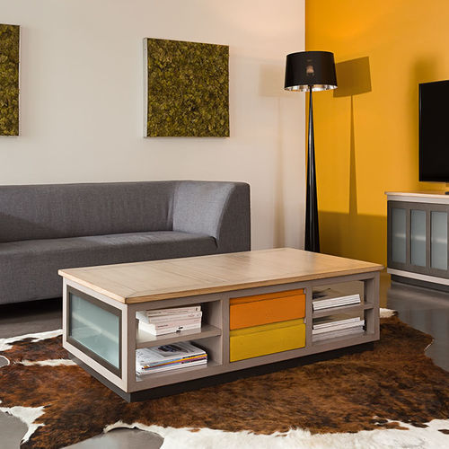 Moderner Couchtisch - SYMBIOSE - Michel Ferrand - Glas / Holz / Gestell aus Holz