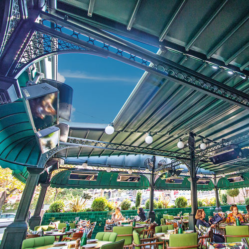 Angebaute Pergola - GOLD - BYART GROUP - Aluminium / mit Stoffüberdachung / Faltdach