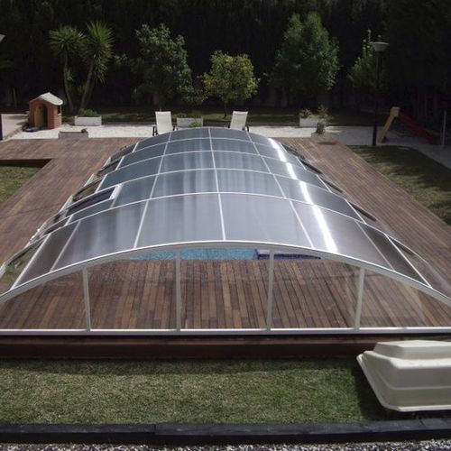 Niedrige Schwimmbadüberdachung - RITA - planetabri - teleskopisch / Aluminium / Polycarbonat