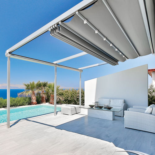 Angebaute Pergola - SILVER - SARL ELEGANCE STORES - Aluminium / PVC Faltdach / einziehbar