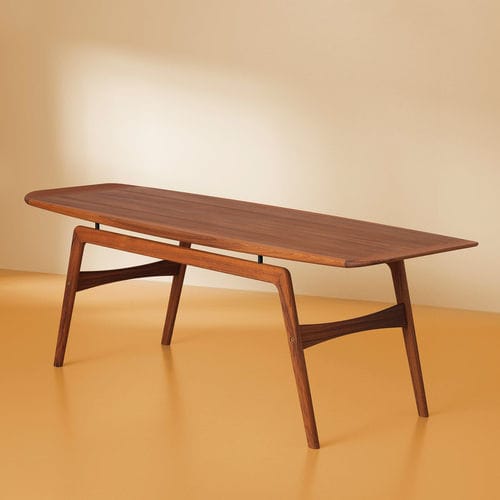 Klassischer Couchtisch - SURFBOARD - Warm  Nordic - Nussbaum / Teakholz / Gestell aus Nussbaum