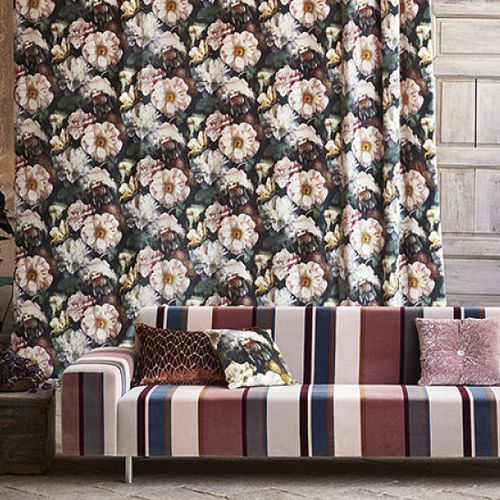 Möbelstoff - HERBARIA - BLACK EDITION - für Vorhänge / Blumenmotive / Baumwolle