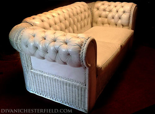 Chesterfield-Sofa - VINTAGE  - Harleq - Leder / weiß / Korbweide