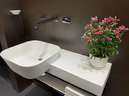 Wandhängender Waschtisch - P128W2+S107W1 - Munk Building Materials Co., Ltd. - Mineralwerkstoff / mit Ablage / Einzel