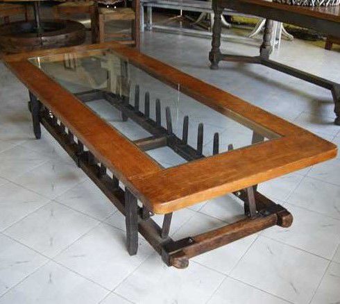 Rustikaler Couchtisch - 75.00 - El roure vell - Glas / Eiche / Gestell aus Schmiedeeisen