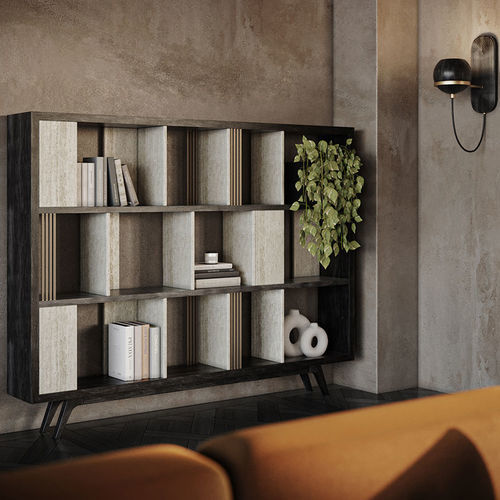 Modernes Bücherregal - Wordsworth - WOOD TAILORS CLUB - Nussbaum / Messing / Travertin