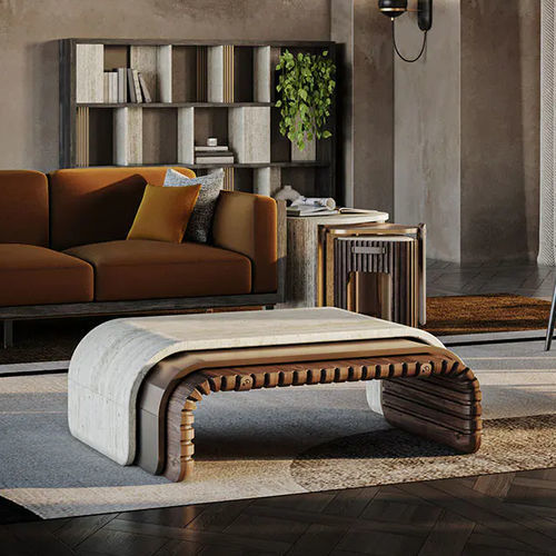 Moderner Couchtisch - Henley - WOOD TAILORS CLUB - Nussbaum / Travertin / Kalkstein