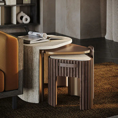 Moderner Beistelltisch - Henley - WOOD TAILORS CLUB - Nussbaum / Messing / Travertin