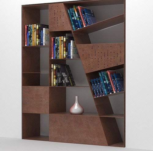 Modernes Bücherregal - SCRINEUM  - Trackdesign - COR-TEN®-Stahl / Lochblech / braun