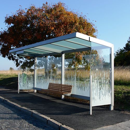 Glasbuswartehalle - FRAMEO - STREETPARK s.r.o. - galvanisiertem Stahl / Hartglas / mit Bank