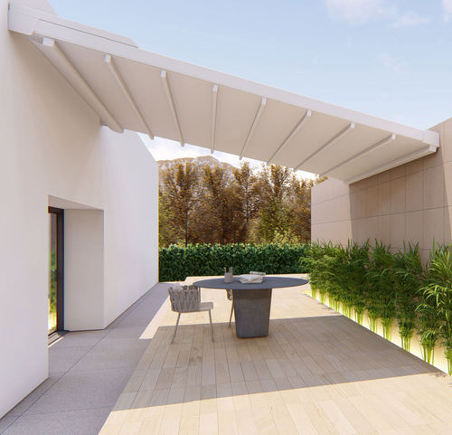 Angebaute Pergola - ALBORI WING - RGM srl - aus lackiertem Aluminium / PVC / PVC Faltdach