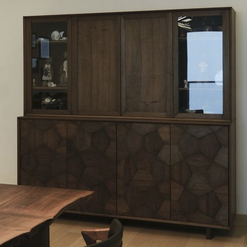 Hohes Sideboard - Hex Puzzle - LITOOC - modern / Nussbaum / Glas