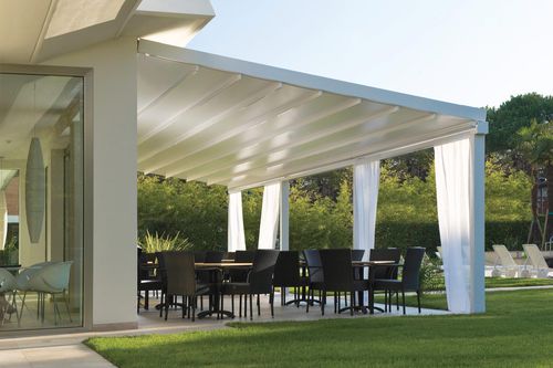 Selbsttragende Pergola - E95 PLUS - Termo Express - angebaut / Aluminium / Faltdach