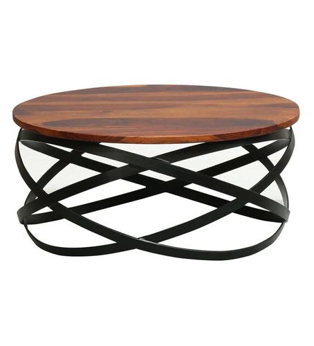 Industriedesign-Couchtisch - KANAWAA - Furniture BoutiQ - Massivholz / Gestell aus Eisen / rund