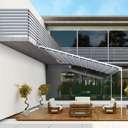 Angebaute Pergola - ZEN RAIN  - gaviota - Aluminium / mit orientierbaren Lamellen