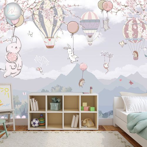 Moderne Tapete - BLOSSOM ANIMALS  - Wally's - Kindermotiv / grau / rosa