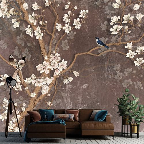 Moderne Tapete - BLOSSOMY  - Wally's - Blumenmotiv / chinesisches Motiv / weiß