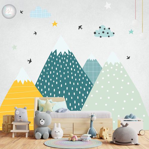 Moderne Tapete - COLORFULL MOUNTAINS  - Wally's - Kindermotiv / grün / gelb