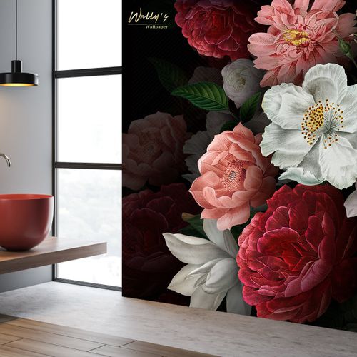 Moderne Tapete - GRACE  - Wally's - Blumenmotiv / weiß / schwarz