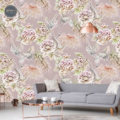 Moderne Tapete - KIMONO LUXE  - Wally's - Blumenmotiv / chinesisches Motiv / grau