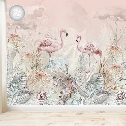 Moderne Tapete - FLAMINGO GARDEN   - Wally's - Naturmotiv / grau / rosa