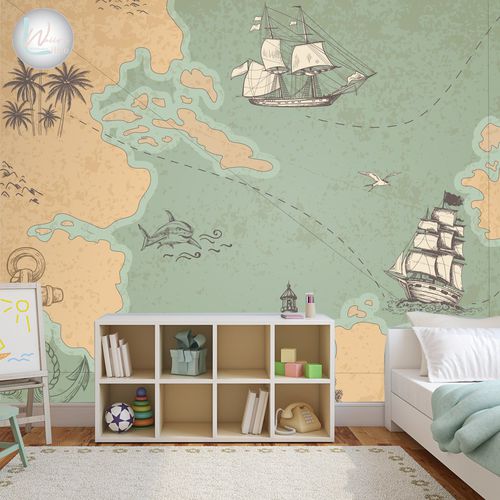 Moderne Tapete - VINTAGE PIRATE  - Wally's - Kartenmotiv / grün / beige