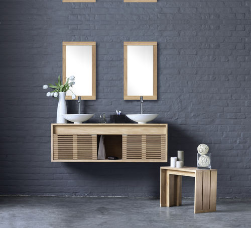 Wandhängender Waschtisch-Unterschrank - CUBE - LINE ART - Teakholz / modern / ohne Tür