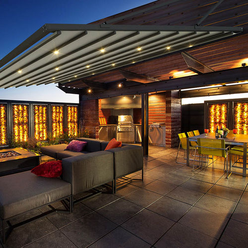 Selbsttragende Pergola - PERGOSTAR CLASSIC - Toscana Global - angebaut / Aluminium / mit Stoffüberdachung