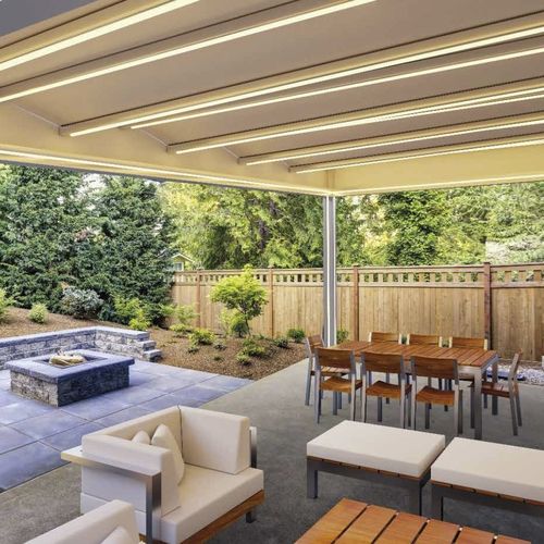 Selbsttragende Pergola - PERGOSTAR DECO - Toscana Global - angebaut / Aluminium / mit Stoffüberdachung