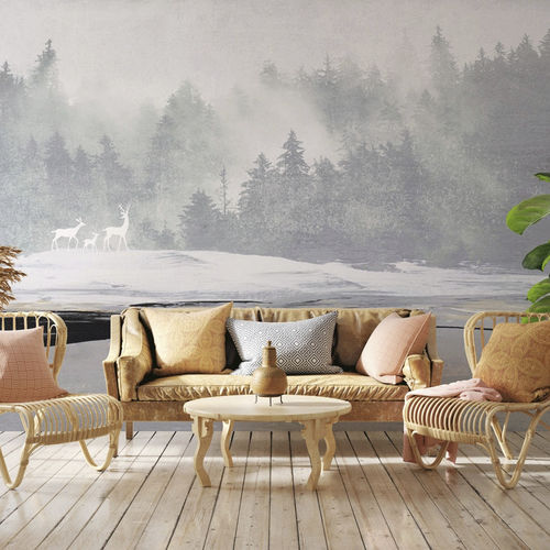 Moderne Tapete - forêt brumeuse & cerfs - MuralConcept - Vlies / Panorama / mehrfarbig