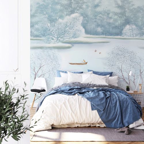 Moderne Tapete - aquarelle hiver mystique - MuralConcept - Vlies / Panorama / blau