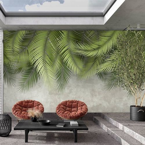 Moderne Tapete - feuille palmier & mur ciment - MuralConcept - Vlies / Naturmotiv / Panorama