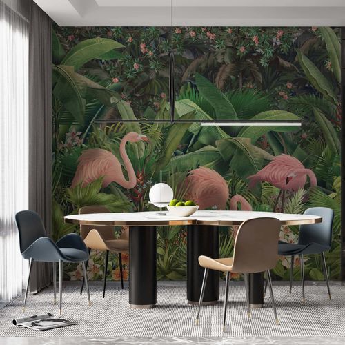 Vliestapete - FLAMANTS TROPICAUX - Kam et Leon - Polyester / Vinyl / Tiermotiv