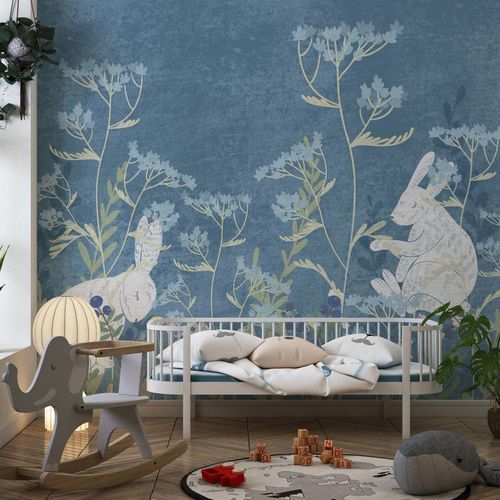 Moderne Tapete - LAPINS ET FLEURS SAUVAGES - Kam et Leon - Vlies / Vinyl / Tiermotiv