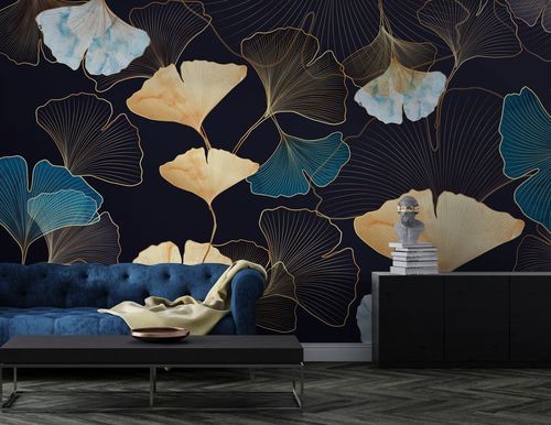 Moderne Tapete - FEUILLES DE GINKGO DOR&Eacute;ES - Kam et Leon - Vlies / Vinyl / Blumenmotiv