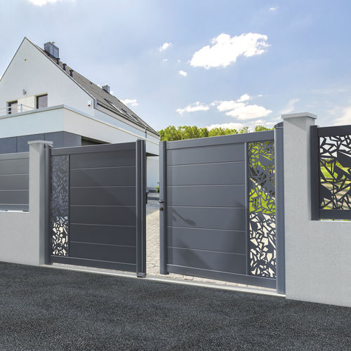 Einflügeliges Tor - Arial 255 avec décor Futuriste - SIB - thermolackiertes Aluminium / Lamellen / Lochblech