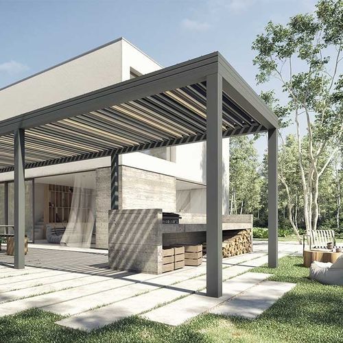 Selbsttragende Pergola - WALLIS&OUTDOOR® - PROFILS SYTEMES - angebaut / Aluminium / mit orientierbaren Lamellen