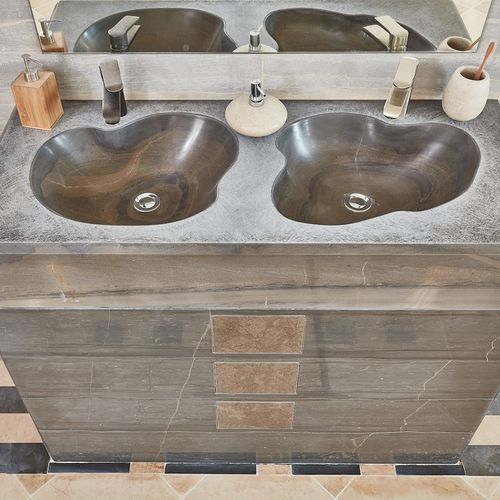 Wand-Waschbecken - SEASHELL - OCCITANIE PIERRES - Stein / mit integrierter Waschtischplatte / doppelt