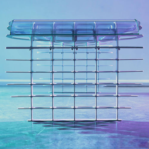 Schreibtisch / originelles Design - THE SPITFIRE - Duffy London - gebürstetes Aluminium / Glas / für Gewerbegebrauch