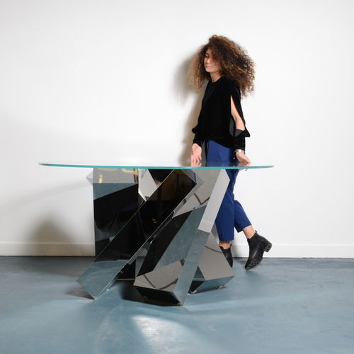 Moderner Tisch - Megalith - Duffy London - Glas / Gestell aus poliertem Edelstahl / Gestell aus pulverbeschichtetem Stahl