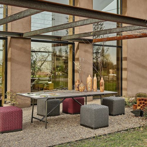 Moderner Esstisch - ANY DAY OUTDOOR - FLEXFORM - Edelstahl / Iroko / Naturstein