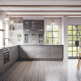 Moderne Küche - SHAKER GREY - HTH Køkkener - melaminbeschichtet / Holz / mit Griffen