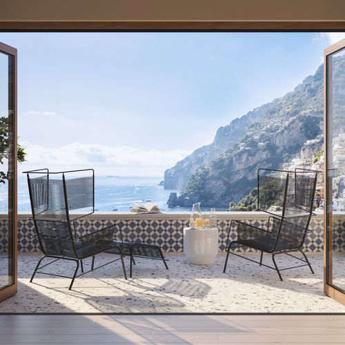 Moderner Sessel - FIFTY. - Ligne Roset - Kordel / lackierter Stahl / mit hoher Rückenlehne