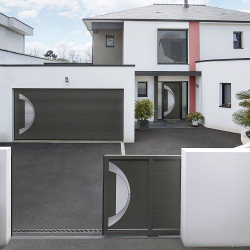 Schiebetor - AKORDIA : ATLANTIDE - Horizal - Aluminium / gebürsteter Edelstahl / Lamellen