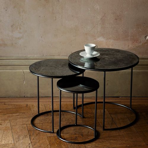 Moderner Satztisch - MOON - OCHRE - Glas / Stahl / rund