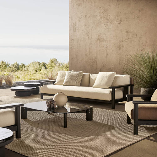Moderner Couchtisch - KETCH  - Poliform - Rauchglas / Iroko / Gestell aus Iroko