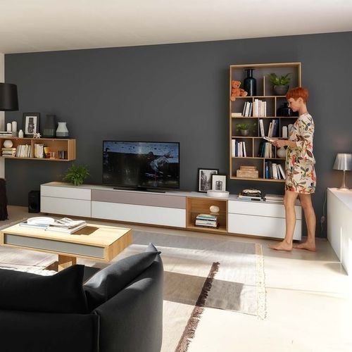 Moderne Wohnwand - CUBUS PURE  - TEAM 7 - Eiche / Nussbaum / Glas